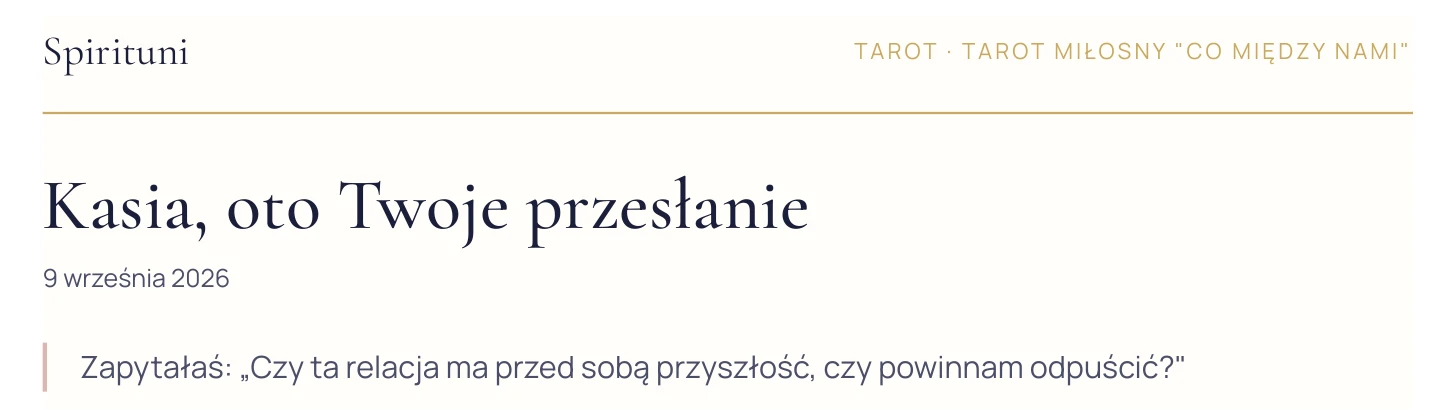 Fragment przesłania Spirituni: nagłówek i pytanie klientki powtórzone własnymi słowami