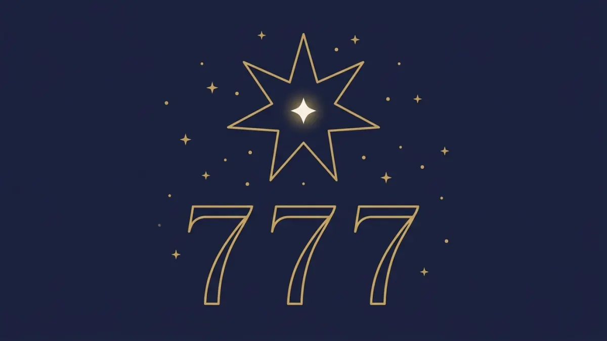 777 znaczenie: złota gwiazda nad trzema cyframi 7, świecący akcent w środku gwiazdy