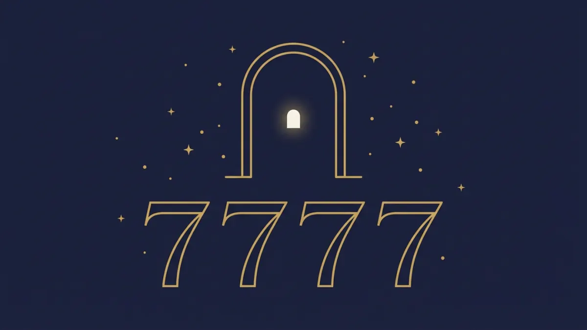 7777 znaczenie: złota brama łukowa nad czterema cyframi 7