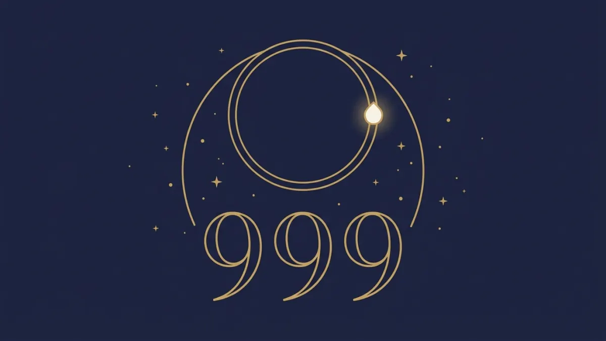 999 znaczenie: niemal domknięty złoty krąg nad trzema cyframi 9