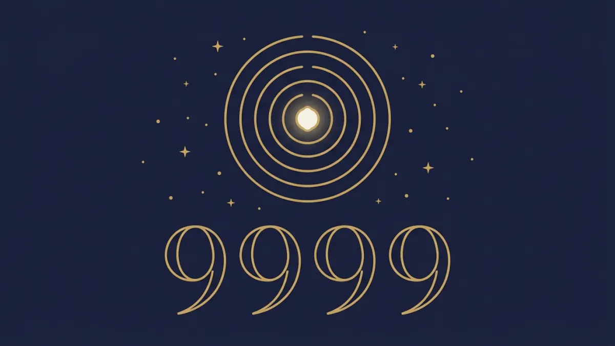 9999 znaczenie: mandala trzech złotych kręgów z przerwą nad czterema cyframi 9