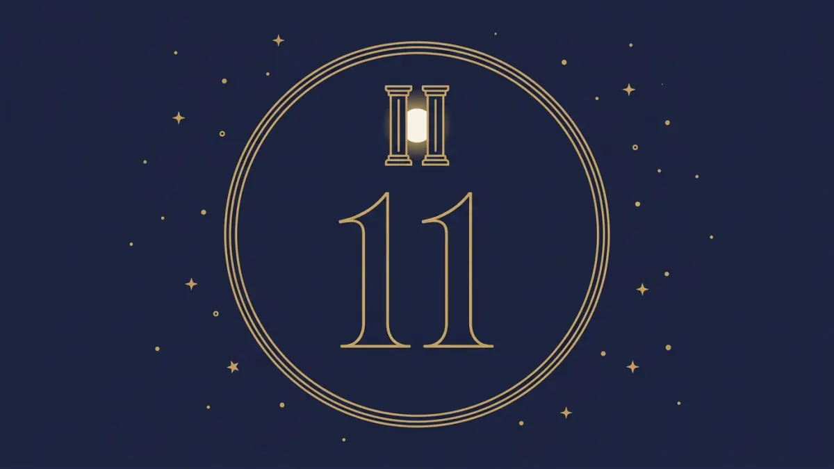 Numerologiczna 11: cyfry 11 w złotej ramie pod dwiema kolumnami bramy
