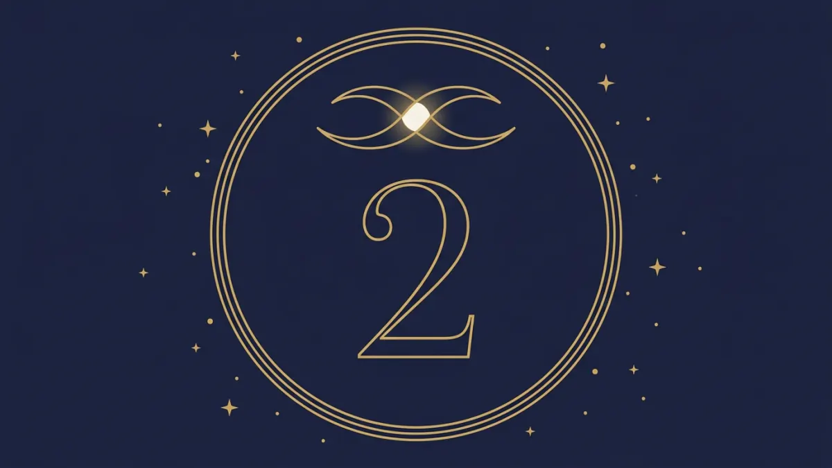 Numerologiczna 2: cyfra 2 w złotej ramie pod dwoma splecionymi łukami