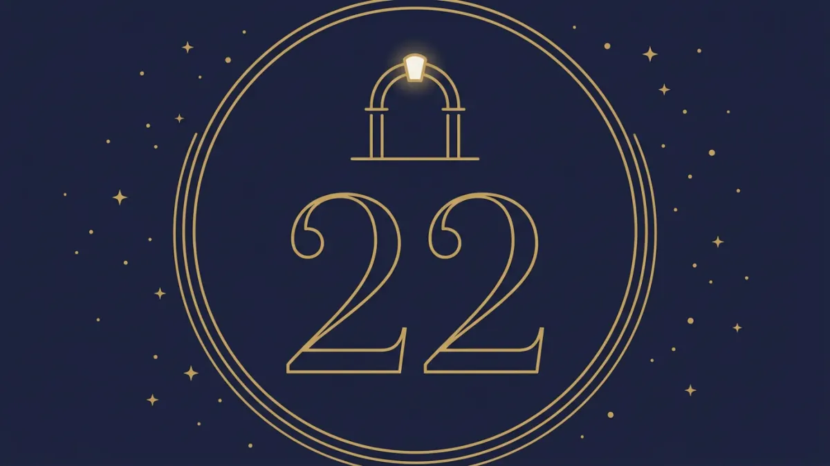 Numerologiczna 22: cyfry 22 w złotej ramie pod motywem łuku architektonicznego