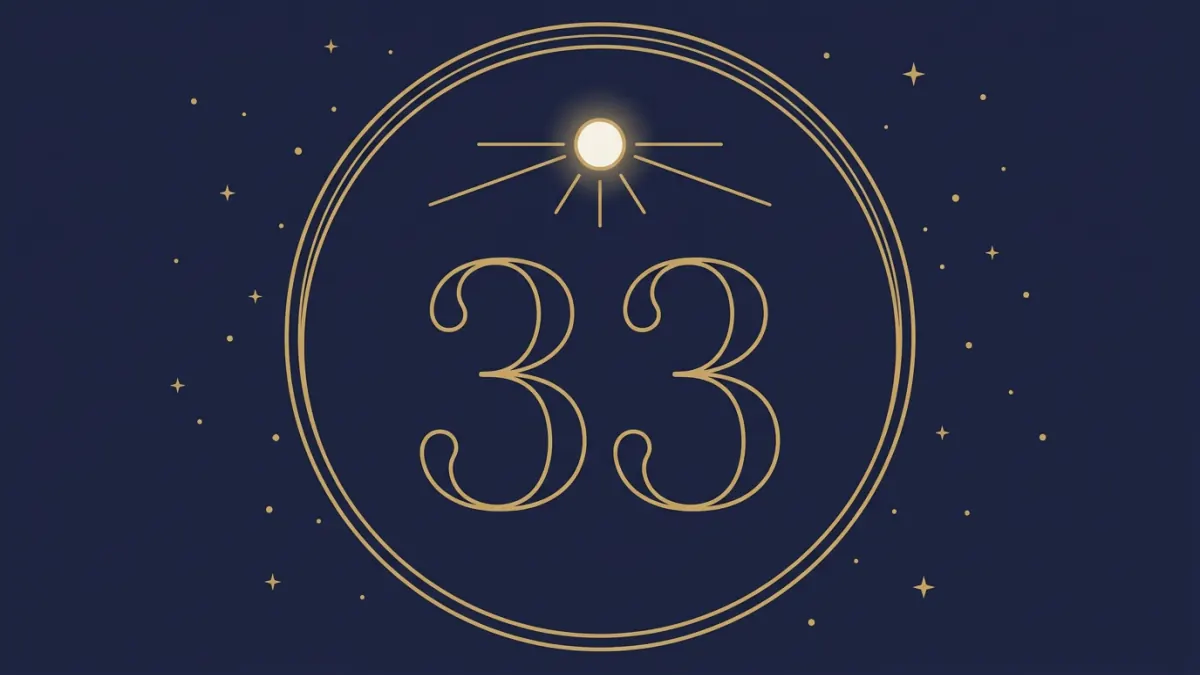 Numerologiczna 33: cyfry 33 w złotej ramie pod trzema promieniami wokół akcentu