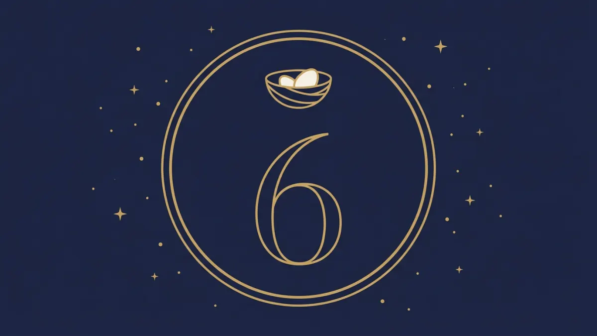 Numerologiczna 6: cyfra 6 w złotej ramie pod motywem gniazda opiekuńczego