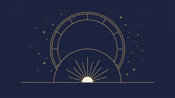 Ascendent: złota linia horyzontu ze wschodzącym słońcem i kołem zodiaku nad nią