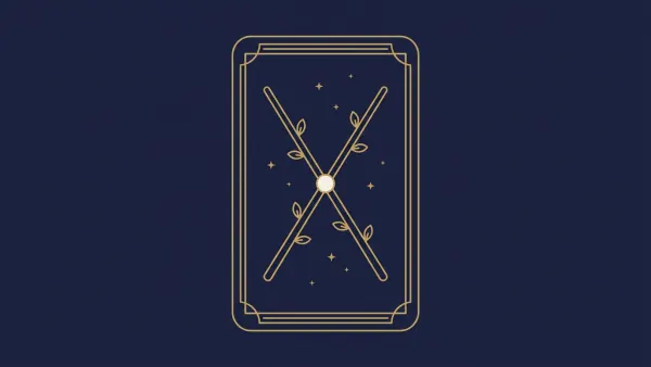 Buławy tarot: dwie skrzyżowane złote buławy z listkami na karcie tarota
