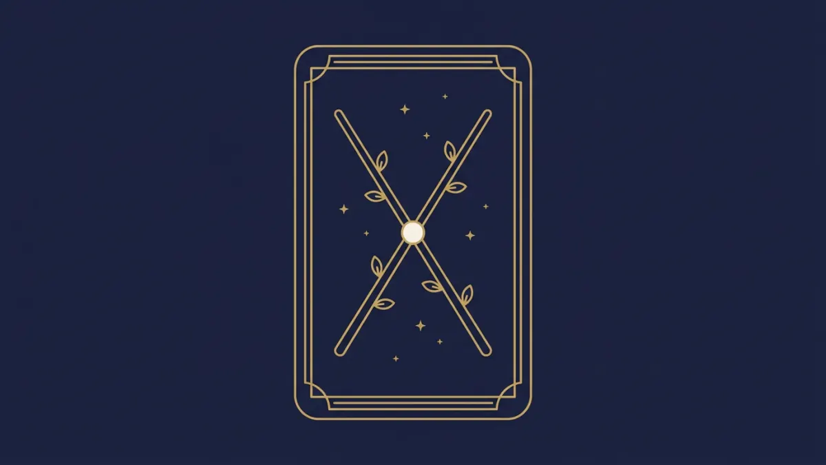 Buławy tarot: dwie skrzyżowane złote buławy z listkami na karcie tarota