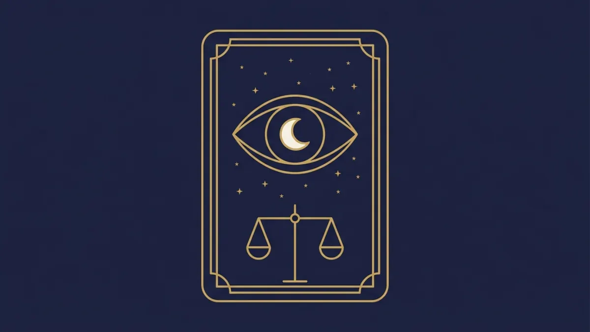 Czy tarot mówi prawdę: złota karta z okiem-księżycem i wagą w równowadze poniżej