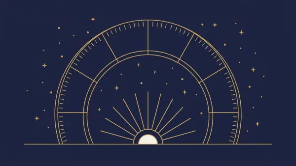Horoskop na 2027: koło zodiaku nad wschodzącym słońcem z dwunastoma promieniami na horyzoncie