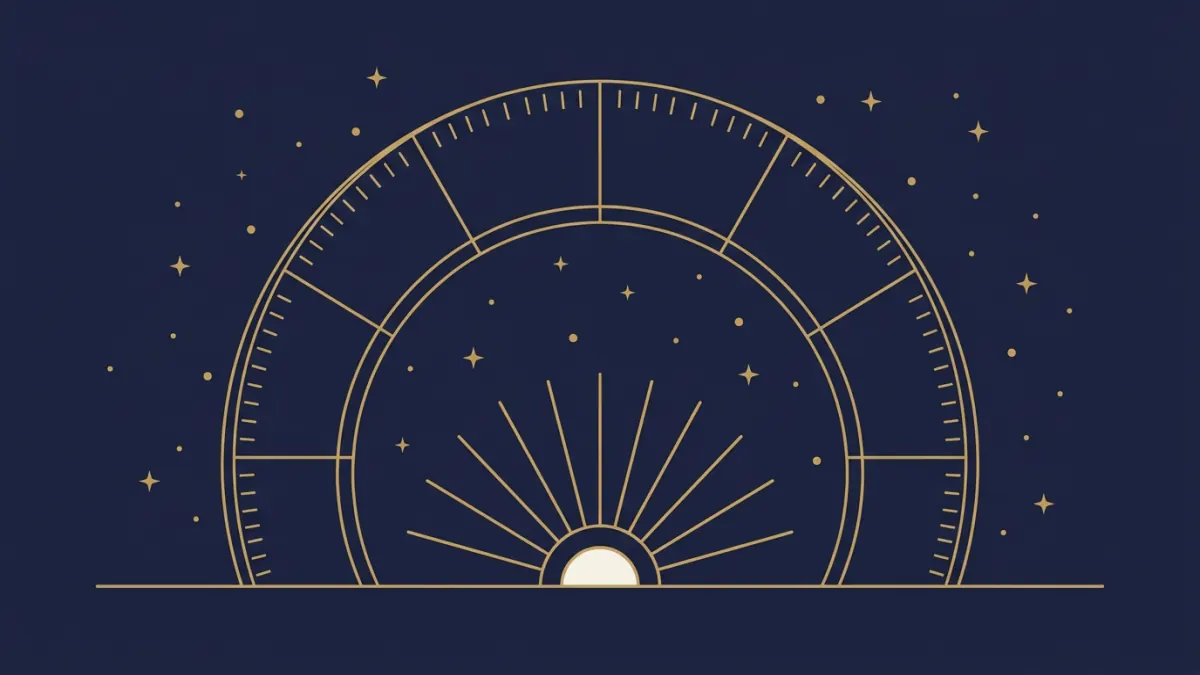 Horoskop na 2027: koło zodiaku nad wschodzącym słońcem z dwunastoma promieniami na horyzoncie