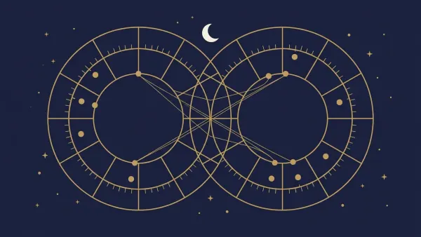 Horoskop partnerski: dwa złote koła kosmogramu połączone cienkimi liniami aspektów, akcent księżyca