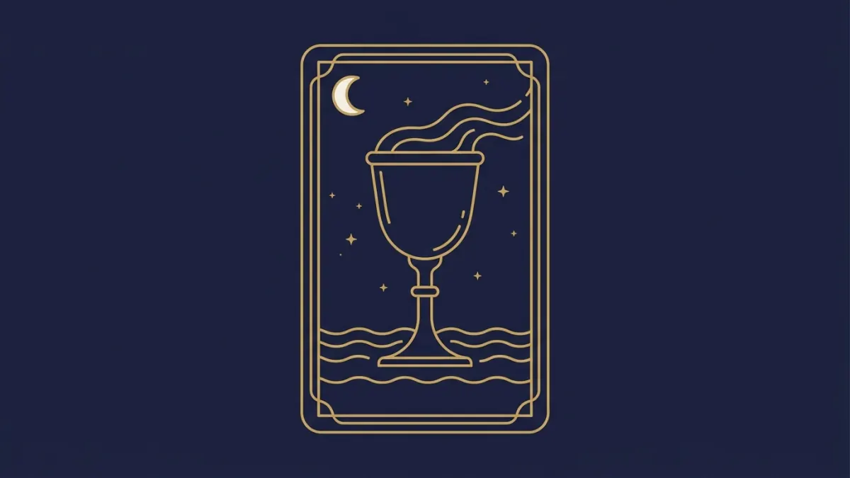 Kielichy tarot: złoty kielich z falami wody na karcie tarota, akcent półksiężyca w rogu
