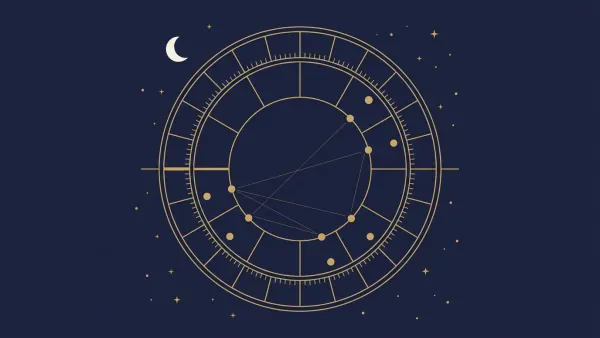 Kosmogram: złote koło zodiaku z domami, planetami i liniami aspektów na granatowym niebie