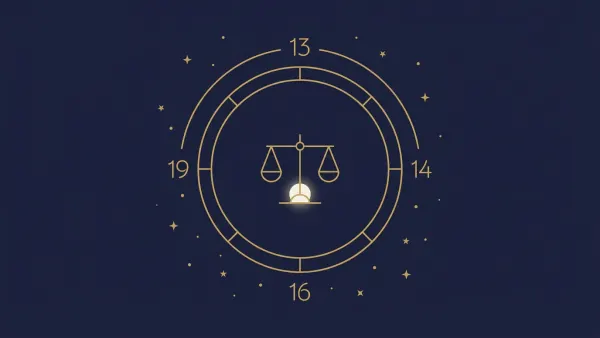 Liczby karmiczne: cyfry 13, 14, 16 i 19 na złotym kole wokół wagi, dekoracyjna grafika linearna