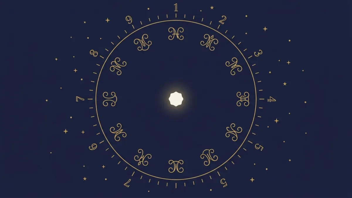 Numerologia imienia: złote litery-pieczęcie w okręgu z cyframi 1-9 na obwodzie