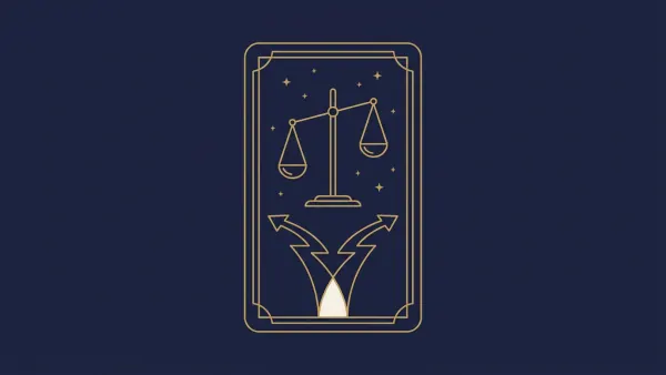 Tarot tak czy nie: waga nad dwiema rozwidlającymi się ścieżkami na karcie tarota