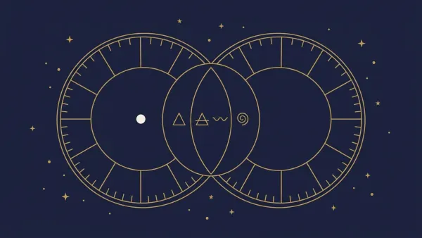 Kompatybilność znaków zodiaku: dwa złote koła zodiaku zachodzące na siebie z symbolami żywiołów