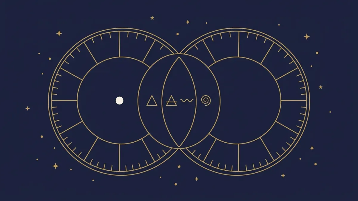 Kompatybilność znaków zodiaku: dwa złote koła zodiaku zachodzące na siebie z symbolami żywiołów